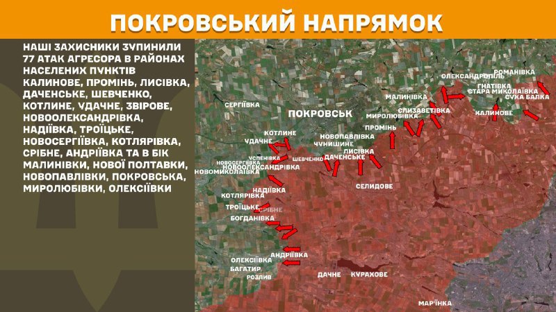 На Покровском направлении вчера произошли боестолкновения в районе Калиново, Проминь, Лысовка, Даченское, Шевченко, Котлинное, Удачное, Звирово, Новоалександровка, Надиевка, Троицкое, Новосергиевка, Котляровка, Сребное, Андреевка и в направлении Малиновки, Новой Полтавки, Новопавловки, Покровска. Миролюбовка, Алексеевка, - сообщает Генеральный штаб ВСУ