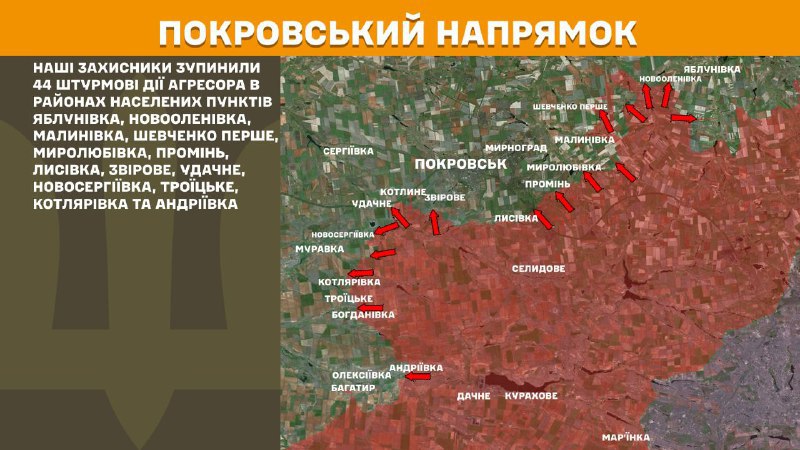 Hier, sur l'axe de Pokrovsk, des affrontements ont eu lieu près de Yablunivka, Novoolenivka, Malynivka, Shevchenko Pershe, Myrolubivka, Promin, Lysivka, Zvirove, Udachne, Novoserhiyivka, Troyitske, Kotlyarivka et Andriyivka, - rapporte l'état-major général des forces armées d'Ukraine.