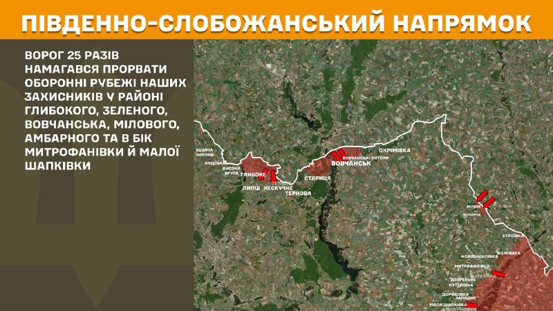 In der Richtung Süd-Slobozhansky (Charkiw) kam es gestern in der Nähe von Hlyboke, Selene, Vovchansk, Milove, Ambarne und in Richtung Mytrofanivka und Mala Shapkivka zu Zusammenstößen, berichtet der Generalstab der Streitkräfte der Ukraine