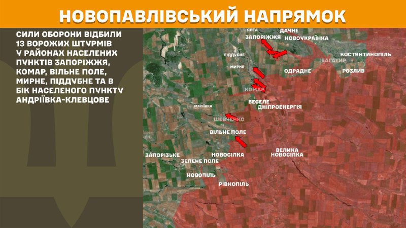 На новопавловском направлении вчера произошли бои в районе Запорожья, Комара, Вильного поля, Мирного, Поддубного и в направлении Андреевки-Клевцово, - сообщает Генштаб ВСУ.