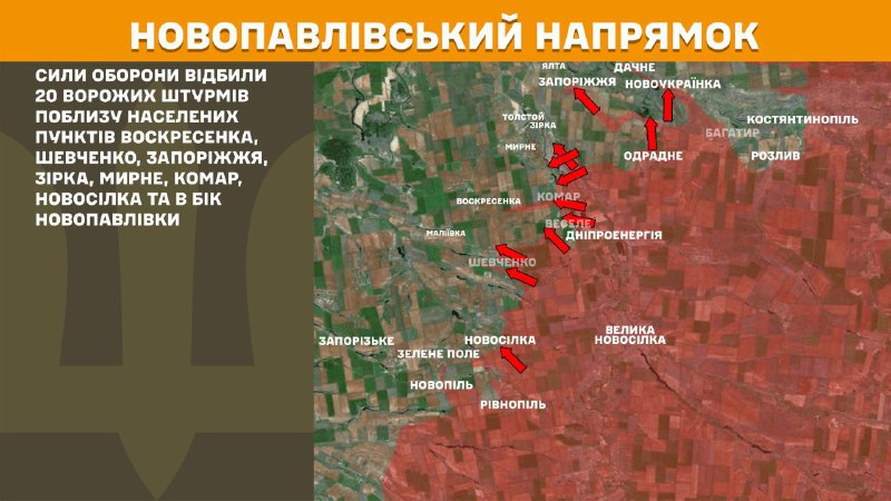 На новопавловском направлении вчера произошли бои в районе Воскресенки, Шевченко, Запорожья, Зирки, Мирного, Комара, Новоселки и в сторону Новопавловки, - сообщает Генштаб ВСУ.