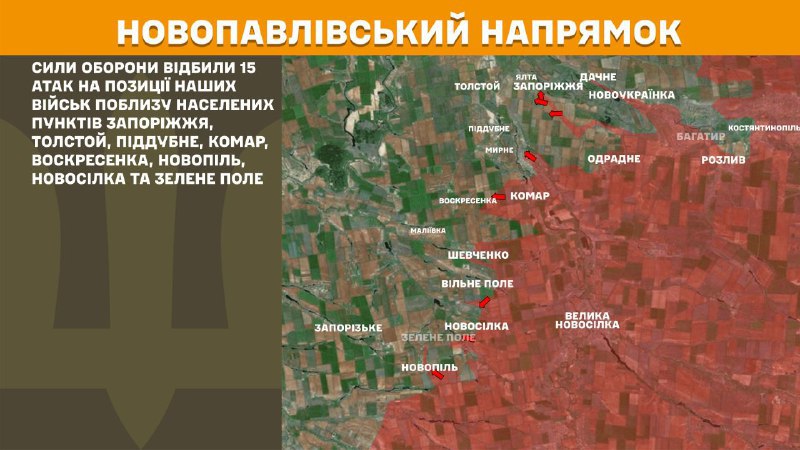 На новопавловском направлении вчера произошли боестолкновения в районе Запорожья, Толстого, Поддубного, Комара, Воскресенки, Новополя, Новоселки и Зеленого поля, - сообщает Генштаб ВСУ.