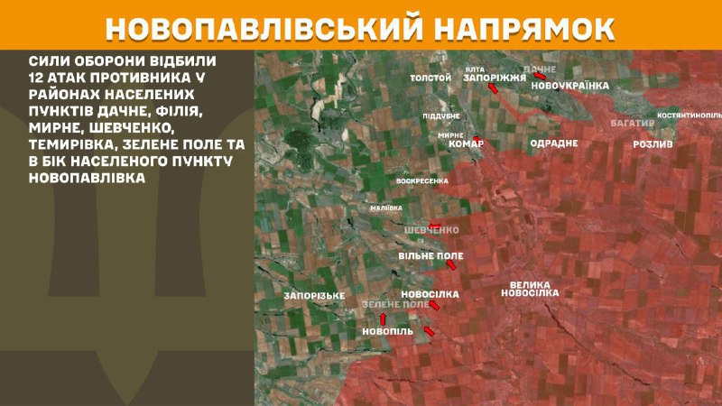 На новопавловском направлении вчера произошли бои в районе Дачного, Филии, Мирного, Шевченко, Темировки, Зеленого поля и в направлении Новопавловки, - сообщает Генштаб ВСУ.
