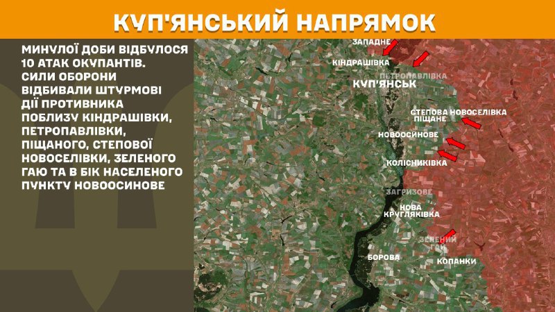 На Купянском направлении вчера произошли боестолкновения в районе Киндрашевки, Петропавловки, Песчаных, Степной Новоселовки, Зеленого Гая и в направлении Новоосиново, - сообщает Генштаб ВСУ.