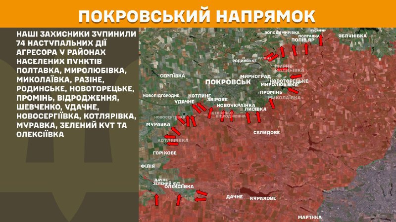 На Покровском направлении вчера произошли боестолкновения в районе Полтавки, Миролюбовки, Николаевки, Разине, Родинского, Новоторецкого, Промини, Возрождения, Шевченко, Удачного, Новосергиевки, Котляровки, Муравки, Зеленого Кута и Алексеевки, - сообщает Генштаб ВСУ.