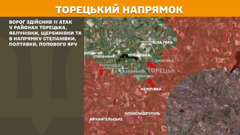 На Торецком направлении вчера произошли боестолкновения в районе Торецка, Яблуновки, Щербиновки и в направлении Степановки, Полтавки, Попова Яра, - сообщает Генштаб ВСУ.