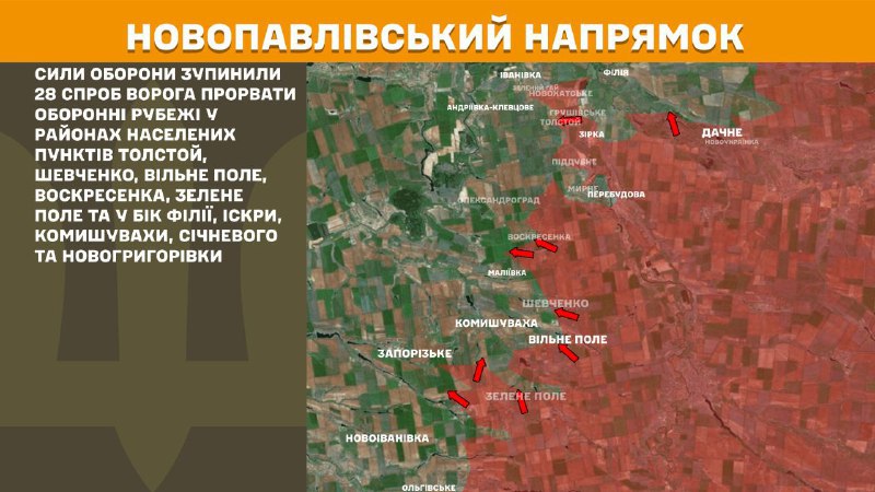 На новопавловском направлении вчера произошли боестолкновения в районе Толстого, Шевченко, Вильного поля, Воскресенки, Зеленого поля и в направлении Филии, Искры, Комишувахи, Сечевого и Новогригоровки, - сообщает Генеральный штаб ВСУ.