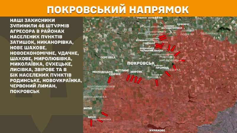 На Покровском направлении вчера произошли боестолкновения в районе Затишка, Никаноровки, Нового Шахового, Новоэкономического, Удачного, Шахового, Миролюбовки, Николаевки, Сухецкого, Лысовки, Звирово и в направлении Родинского, Новоукраинки, Красного Лимана, Покровска, - сообщает Генштаб ВСУ.