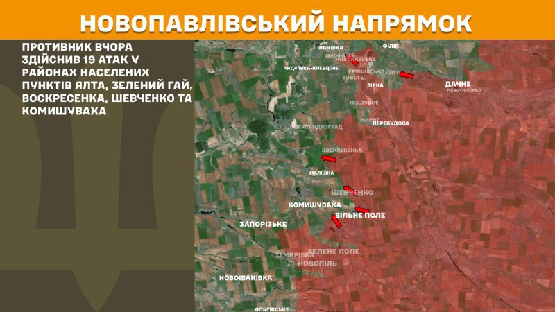 На новопавловском направлении вчера произошли боестолкновения в районе Ялты, Зеленого Гая, Воскресенки, Шевченко и Комишувахи, - сообщает Генштаб ВСУ.