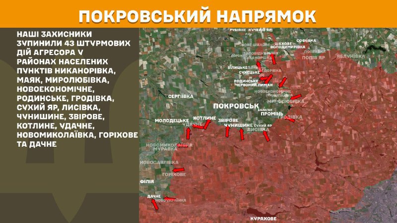 На Покровском направлении вчера произошли боестолкновения в районе Никаноровки, Маяка, Миролюбовки, Новоэкономического, Родинского, Гродовки, Сухого Яра, Лысовки, Чунишина, Звирово, Котлиного, Удачного, Новониколаевки, Горихово и Дачного, - сообщает Генштаб ВСУ.