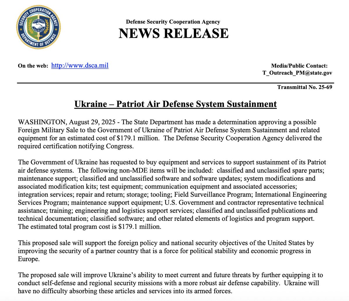 США одобрили продажу систем ПВО Patriot и спутниковых услуг Starlink для поддержки украинских сил: первая продажа, оценочная стоимость которой составляет 179,1 млн долларов, предназначена для поддержки украинских систем ПВО Patriot. Пакет включает в себя секретные и несекретные запасные части, техническое обслуживание, обновления программного обеспечения, модификации систем и обучение украинских сил.