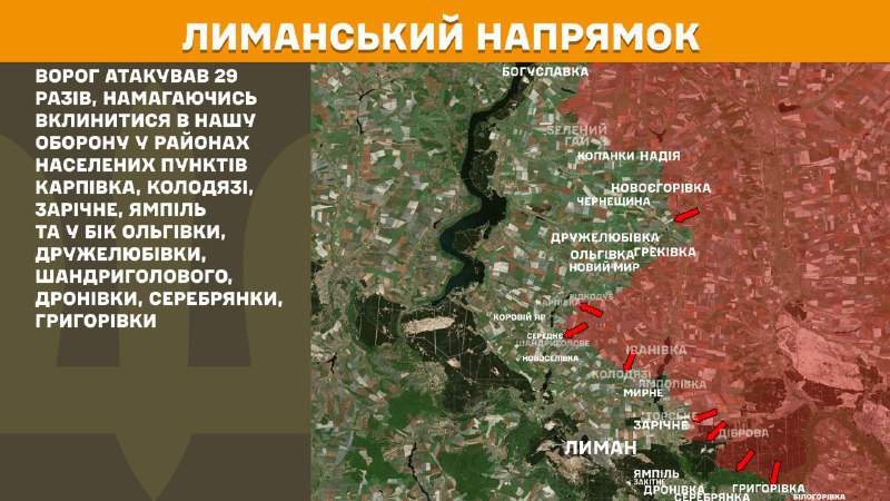 Ayer hubo enfrentamientos en dirección Lyman cerca de Karpivka, Kolodyazi, Zarichne, Yampil y en dirección a Olhivka, Druzhelubivka, Shandryholove, Dronivka, Serebryanka, Hryhorivka, informa el Estado Mayor de las Fuerzas Armadas de Ucrania.