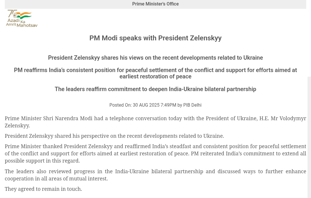 Der indische Premierminister Modi spricht mit dem ukrainischen Präsidenten Selenskyj