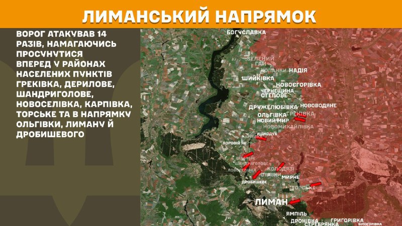 En la dirección de Lyman se produjeron ayer enfrentamientos cerca de Hrekivka, Derylove, Shandryholove, Novoselivka, Karpivka, Torske y en dirección de Olhivka, Lyman y Drobysheve, según informa el Estado Mayor General de las Fuerzas Armadas de Ucrania.
