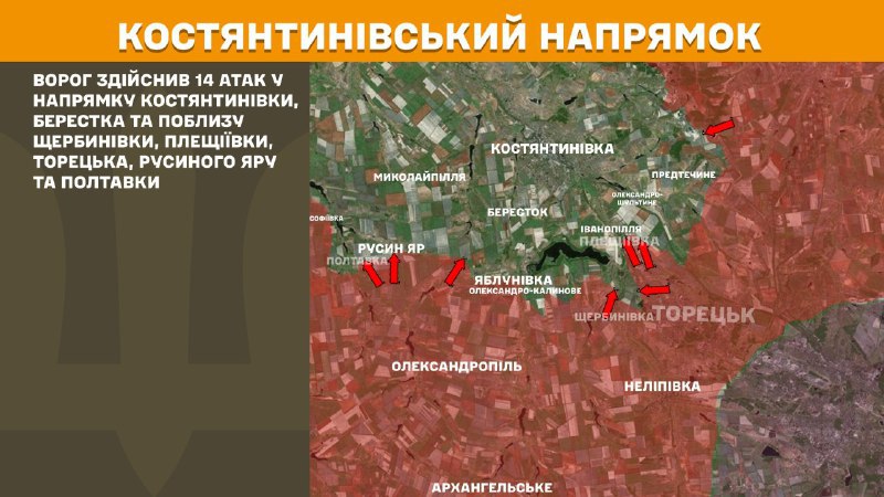 Ukrayna Silahlı Kuvvetleri Genelkurmay Başkanlığı, dün Kostiantynivka yönünde Kostyantynivka, Berestok ve Scherbynivka, Pleschyivka, Toretsk, Rusyn Yar ve Poltavka yakınlarında çatışmalar yaşandığını bildirdi.