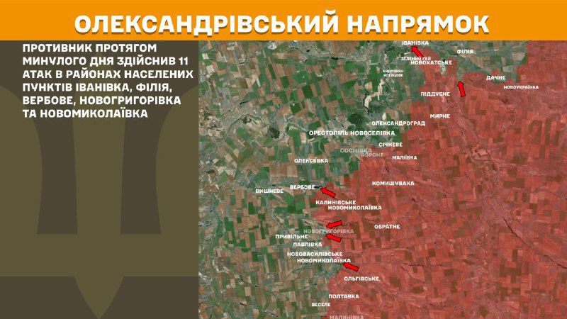 Hier, à Oleksandrivka, des affrontements se sont produits près d'Ivanivka, Filiya, Verbove, Novohryhorivka et Novomykolayivka, rapporte l'état-major général des forces armées ukrainiennes.