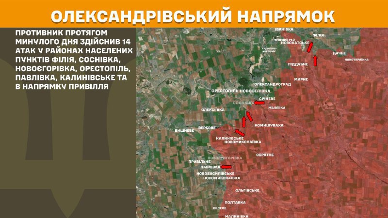 Hier, à Oleksandrivka, des affrontements se sont produits près de Filiya, Sosnivka, Novoyehorivka, Orestopil, Pavlivka, Kalynivske et en direction de Pryvillya, - rapporte l'état-major général des forces armées d'Ukraine.