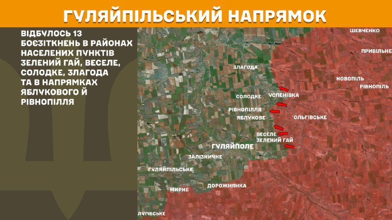 На Гуляйпільському напрямку вчора бойові дії тривали поблизу Зеленого Гаю, Веселого, Солодкого, Злагоди та в напрямку Яблукового та Рівнопілля, - повідомляє Генштаб ЗСУ.