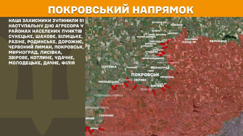 At Pokrovsk direction clashes yesterday near Sukhetske, Shakhove, Bilytske, Razine, Rodynske, Dorozhnye, Chervonyy Lyman, Pokrovsk, Myrnohrad, Lysivka, Zvirove, Kotlyne, Udachne, Molodetske, Dachne, Filiya, - General Staff of Armed Forces of Ukraine reports