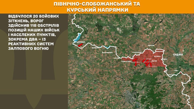 На Курському та Північно-Слобожанському (Сумському) напрямках українські війська відбили 20 атак російської армії, – повідомляє Генеральний штаб Збройних сил України