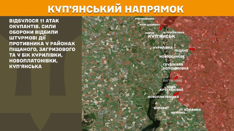 На Куп'янському напрямку вчора тривали бої поблизу Піщаного, Загризового та в напрямку Курилівки, Новоплатонівки, Куп'янська, - повідомляє Генеральний штаб Збройних Сил України