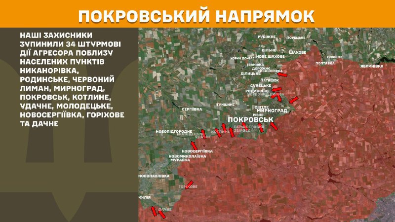 На покровському напрямку вчора бойові дії тривали поблизу Никанорівки, Родинського, Червоного Лиману, Мирнограда, Покровська, Котлиного, Удачного, Молодецького, Новосергіївки, Горіхового та Дачного, - повідомляє Генштаб ЗСУ.