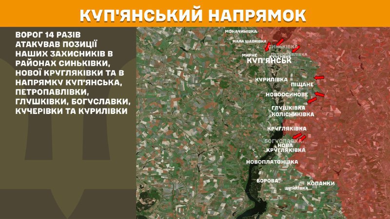 At Kupyansk direction clashes yesterday near Synkivka, Nova Kruhlyakivka and towards Kupyansk, Petropavlivka, Hlushkivka, Bohuslavka, Kucherivka and Kurylivka, - General Staff of Armed Forces of Ukraine reports