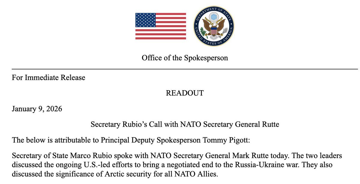 Госсекретарь США Марко Рубио сегодня провел переговоры с генеральным секретарем НАТО Марком Рютте, чтобы обсудить продолжающиеся усилия по прекращению российского вторжения в Украину, а также значение безопасности в Арктике для всех членов НАТО.