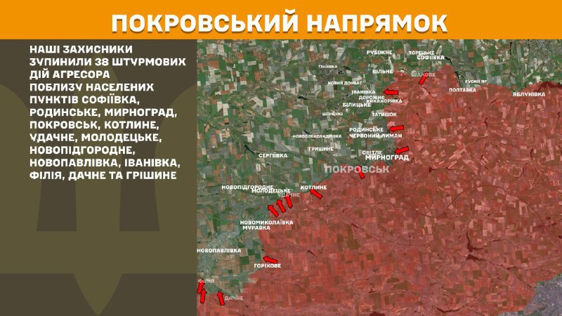 На Покровському напрямку вчора бойові дії тривали поблизу Софіївки, Родинського, Мирнограда, Покровська, Котлиного, Удачного, Молодецького, Новопідгороднього, Новопавлівки, Іванівки, Філії, Дачного та Гришиного, - повідомляє Генштаб ЗСУ.