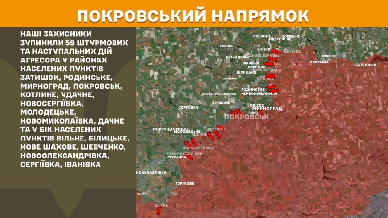 На Покровському напрямку вчора бойові дії тривали поблизу Затишок, Родинське, Мирноград, Покровськ, Котлине, Удачне, Новосергіївка, Молодецьке, Новомиколаївка, Дачне та в напрямку Вільне, Білицьке, Нове Шахове, Шевченко, Новоолександрівка, Сергіївка, Іванівка, - повідомляє Генштаб ЗСУ.