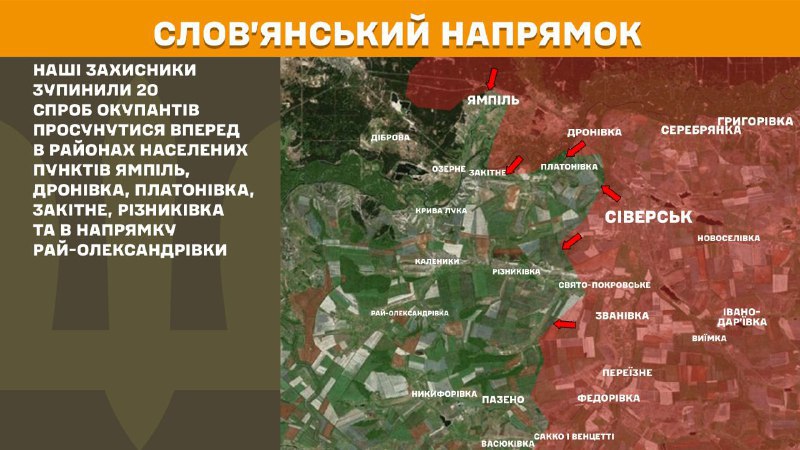 Des affrontements ont eu lieu hier dans la direction de Sloviansk, près de Yampil, Dronivka, Platonivka, Zakitne, Riznykivka et en direction de Ray-Oleksandrivka, rapporte l'état-major général des forces armées ukrainiennes.