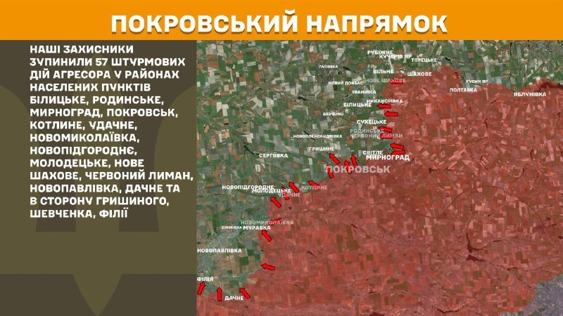 At Pokrovsk direction clashes yesterday near Bilytske, Rodynske, Myrnohrad, Pokrovsk, Kotlyne, Udachne, Novomykolayivka, Novopidhorodnye, Molodetske, Nove Shakhove, Chervonyy Lyman, Novopavlivka, Dachne and towards Hryshyne, Shevchenko, Filiya, - General Staff of Armed Forces of Ukraine reports