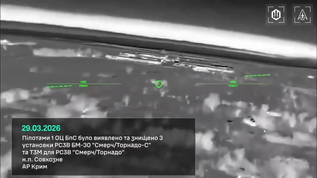 Three BM-30 Smerch/Tornado-S systems and a transport-loader vehicle were destroyed by @1usc_army in a series of strikes on a Russian MLRS base in Crimea overnight on March 29. In a separate attack, fuel tankers were burned near Novosvitlivka in the Luhansk region