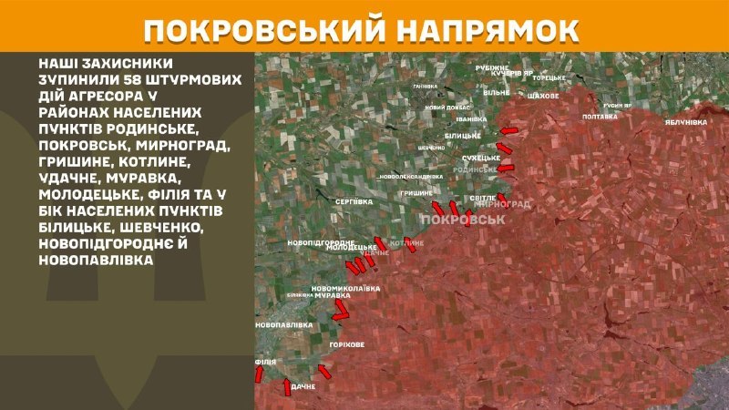 At Pokrovsk direction clashes yesterday near Rodynske, Pokrovsk, Myrnohrad, Hryshyne, Kotlyne, Udachne, Muravka, Molodetske, Filiya and towards towns Bilytske, Shevchenko, Novopidhorodnye and Novopavlivka, - General Staff of Armed Forces of Ukraine reports