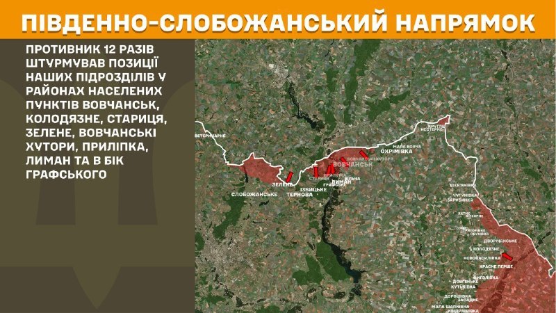 На Південно-Слобожанському (Харків) напрямку вчора бойові дії тривали поблизу Вовчанська, Колодязного, Стариці, Зеленого, Вовчанських Хуторів, Прилипки, Лиману та в напрямку Графського, - повідомляє Генштаб ЗСУ.
