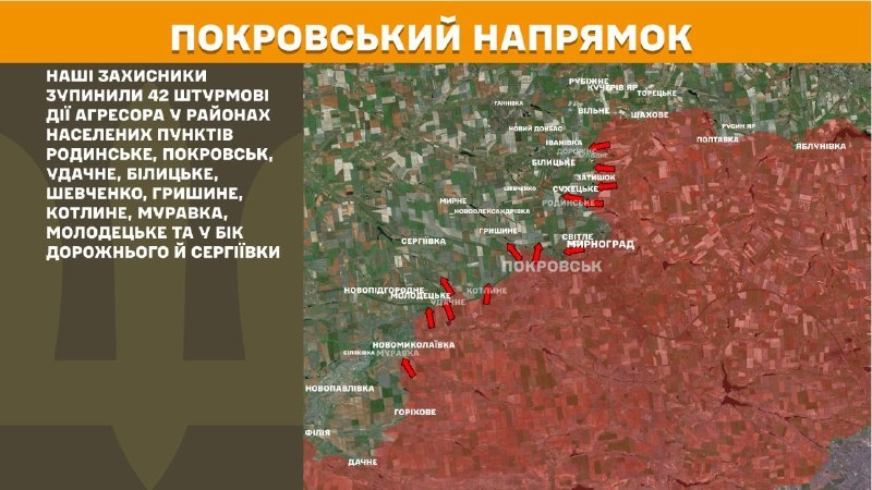At Pokrovsk direction clashes yesterday near Rodynske, Pokrovsk, Udachne, Bilytske, Shevchenko, Hryshyne, Kotlyne, Muravka, Molodetske and towards Dorozhne and Serhiyivka, - General Staff of Armed Forces of Ukraine reports
