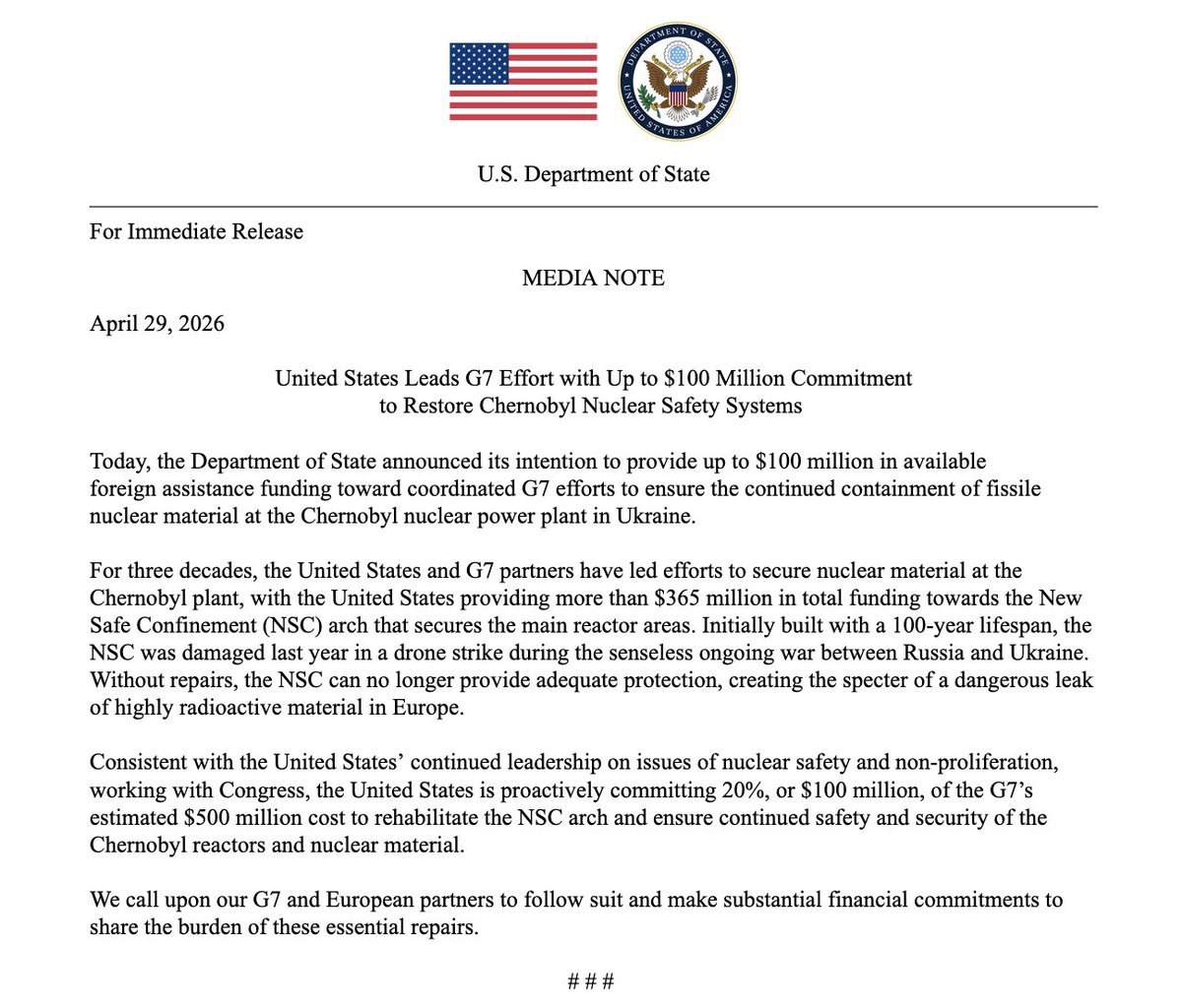 U.S. pledges $100m to repair Chernobyl’s ‘cracked’ shield after drone strike damage State Department warns of ‘specter of radioactive leak’ in Europe as it calls on G7 allies to help fund $500m emergency restoration of nuclear containment arch