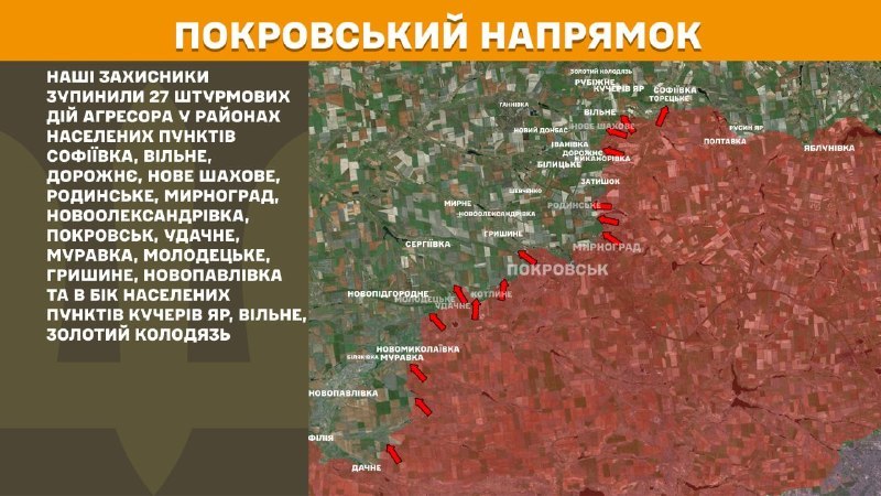 Dün Pokrovsk yönünde Sofiyivka, Vilne, Dorozhnye, Nove Shakhove, Rodynske, Myrnohrad, Novooleksandrivka, Pokrovsk, Udachne, Muravka, Molodetske, Hryshyne, Novopavlivka yakınlarında ve Kucheriv Yar, Vilne, Zolotyy Kolodyaz kasabalarına doğru çatışmalar yaşandı - Ukrayna Silahlı Kuvvetleri Genelkurmay Başkanlığı raporu