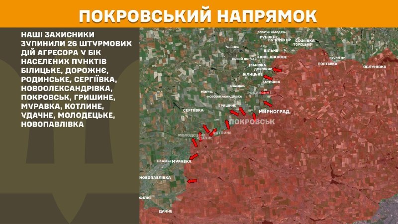 Ukrayna Silahlı Kuvvetleri Genelkurmay Başkanlığı'nın bildirdiğine göre dün Pokrovsk yönünde Bilytske, Dorozhnye, Rodynske, Serhiyivka, Novooleksandrivka, Pokrovsk, Hryshyne, Muravka, Kotlyne, Udachne, Molodetske, Novopavlivka yakınlarında çatışmalar yaşandı.