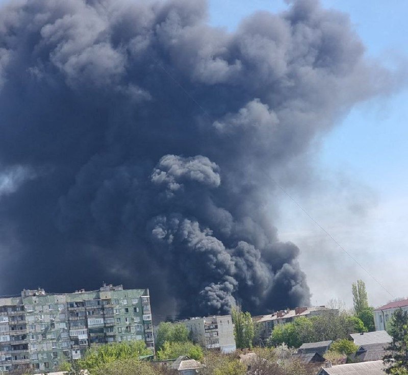 Big fire as result of bombardment in Druzhkivka