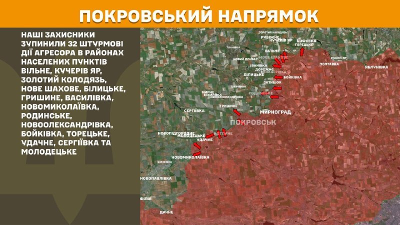 На Покровському напрямку вчора бойові дії тривали поблизу Вільного, Кучерів Яр, Золотий Колодязь, Нове Шахове, Білицьке, Гришине, Василівка, Новомиколаївка, Родинське, Новоолександрівка, Бойківка, Торецьке, Удачне, Сергіївка та Молодецьке, - повідомляє Генштаб ЗСУ.