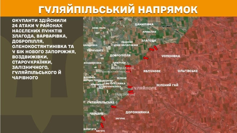 На Гуляйпільському напрямку вчора відбулися бойові дії поблизу Злагоди, Варварівки, Добропілля, Оленокостянтинівки та в напрямку Нове Запоріжжя, Воздвижівка, Староукраїнка, Залізничне, Гуляйпільське та Чарівне, - повідомляє Генштаб ЗСУ.