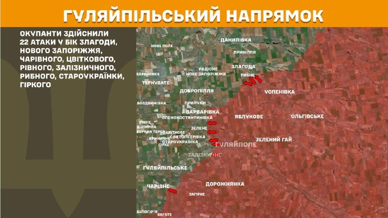 Ukrayna Silahlı Kuvvetleri Genelkurmay Başkanlığı, Huliaipole yönünde dün Zlahoda, Nove Zaporizhzhya, Charivne, Tsvitkove, Rivne, Zaliznychne, Rybne, Staroukrayinka, Hirke yakınlarında çatışmalar yaşandığını bildirdi.