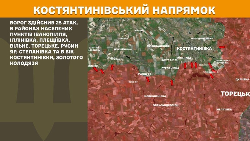 На Константиновском направлении вчера произошли боестолкновения в районе Иванополья, Ильиновки, Плещеевки, Вильного, Торецкого, Русиного Яра, Степановки и в направлении Константиновки, Золотого Колодьязя, - сообщает Генеральный штаб ВСУ.