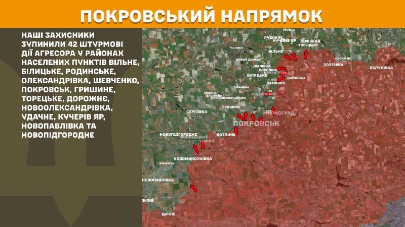 На Покровском направлении вчера произошли боестолкновения в районе Вильного, Белицкого, Родинского, Александровки, Шевченко, Покровска, Гришина, Торецкого, Дорожных, Новоалександровки, Удачного, Кучерова Яра, Новопавловки и Новопидгороднего, - сообщает Генеральный штаб ВСУ.