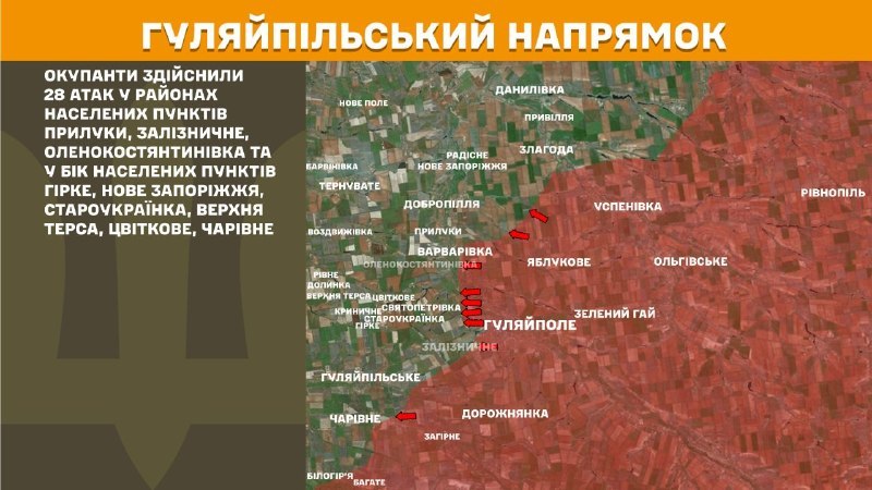 Ayer hubo enfrentamientos en dirección Huliaipole cerca de Pryluky, Zaliznychne, Olenokostyantynivka y en dirección a Hirke, Nove Zaporizhzhya, Staroukrayinka, Verkhnya Tersa, Tsvitkove, Charivne, informa el Estado Mayor de las Fuerzas Armadas de Ucrania.