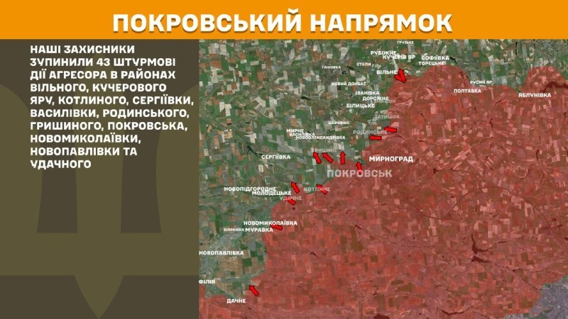 На Покровском направлении вчера произошли боестолкновения в районе Вильного, Кучерова Яра, Котлиного, Сергиевки, Васильевки, Родинского, Гришина, Покровска, Новониколаевки, Новопавловки и Удачного, - сообщает Генштаб ВСУ.