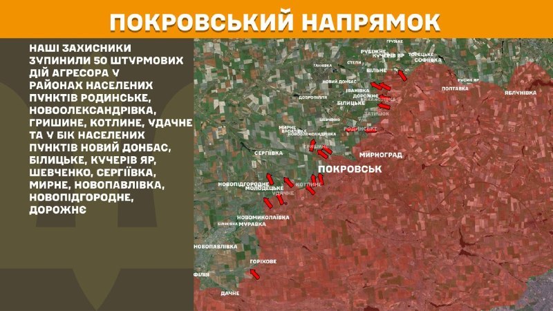 На Покровском направлении вчера произошли боестолкновения в районе Родинского, Новоалександровки, Гришино, Котлиного, Удачного и в направлении Нового Донбасса, Белицкого, Кучерова Яра, Шевченко, Сергиевки, Мирного, Новопавловки, Новопидгородного, Дорожного, - сообщает Генштаб ВСУ.