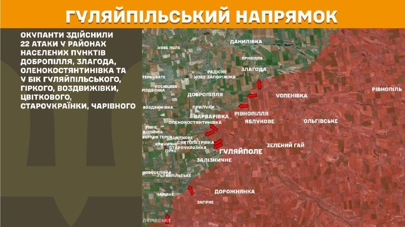 Ukrayna Silahlı Kuvvetleri Genelkurmay Başkanlığı, dün Huliaipole yönünde Dobropillya, Zlahoda, Olenokostyantynivka yakınlarında ve Huliaipilske, Hirke, Vozdvyzhivka, Tsvitkove, Staroukrayinka, Charivne yönünde çatışmalar yaşandığını bildirdi.