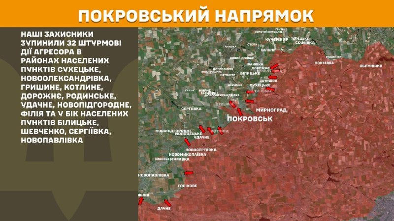 На Покровском направлении вчера произошли боестолкновения в районе Сухецкое, Новоалександровки, Гришина, Котлиного, Дорожных, Родинского, Удачного, Новопидгороднего, Филии и в направлении Белицкого, Шевченко, Сергиевки, Новопавловки, - сообщает Генштаб ВСУ.